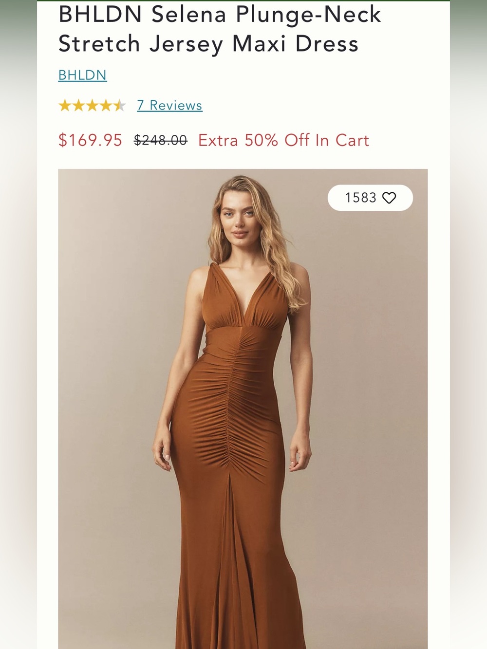 BHLDN Selena Plunge-Neck Maxi Dress in Caramel Brown